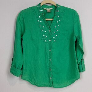 Ecologie Green Linen Embroidered Convertible Sleeve Shirt S